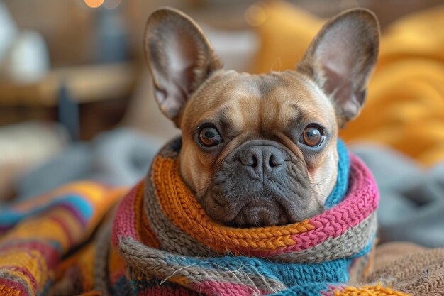 French bulldog wearing knitted scarf in cozy home