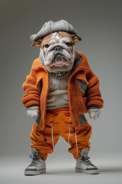 French bulldog wearing in sweater cap and pants