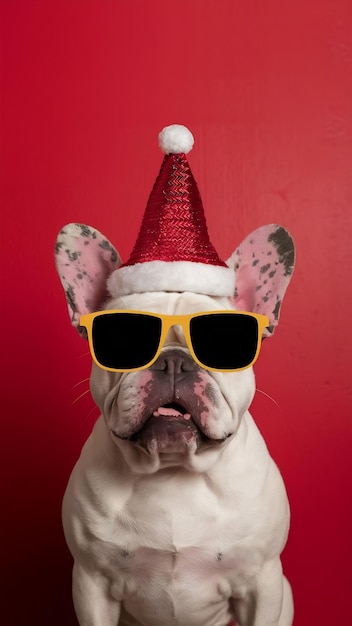 Photo french bulldog with a christmas hat and funny sunglasses on red wall