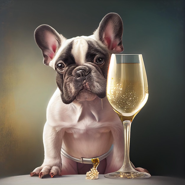 French bulldog with a glass of champagne Generative Ai