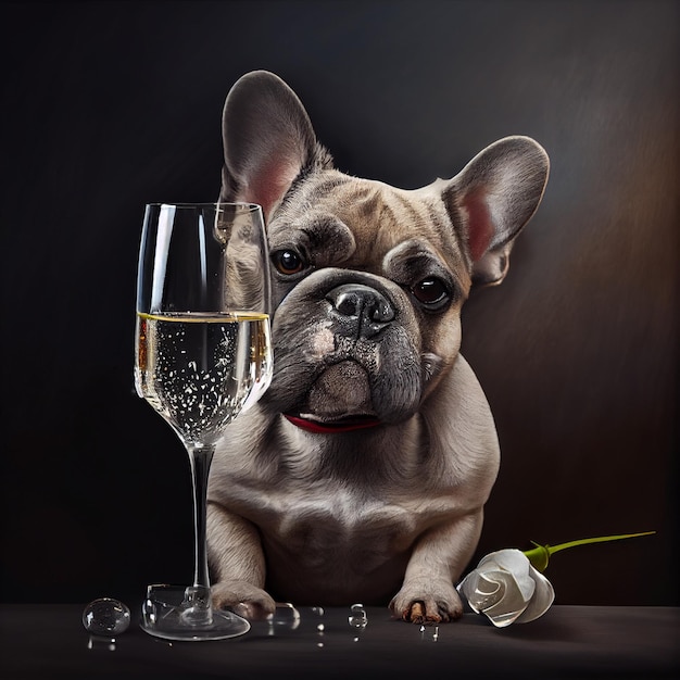 French bulldog with a glass of champagne Generative Ai