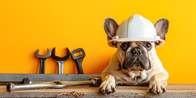 Photo french bulldog with hard hat and tools on orange background