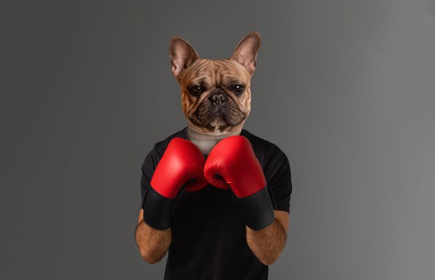 Photo a french bulldog with a serious expression wears red boxing gloves and a black shirt while standing