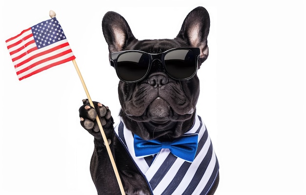 Photo french bulldog with sunglasses holding american flag american dog happy 4th july happy independence day happy memorial day labor day