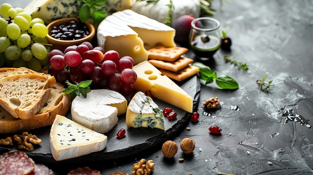 French cheese board with various cheeses grapes and nuts with space for copy