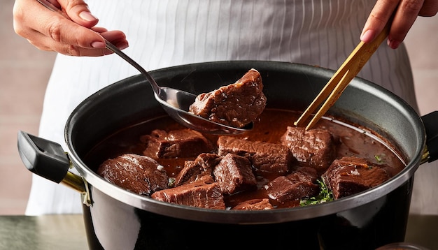 Photo a french chef browning pieces of halal beef in a heavy pot before adding sauce broth