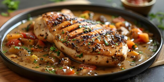 French chicken fricassee served on a black round plate Concept French cuisine Chicken fricassee Gourmet dish Black plate presentation