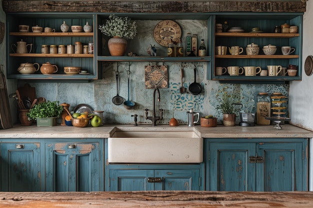 French Country Kitchen A charming kitchen with blue cabinets a farmhouse sink and open shelving I