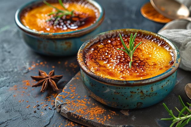 French Creme Brulee Caramelized Custard Dessert Burnt Pudding Creme Brulee in White Bowls