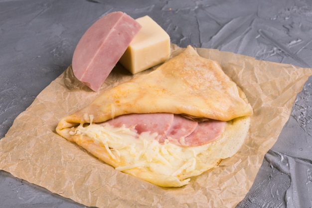 French crepe pancakes stuffed ham and cheese