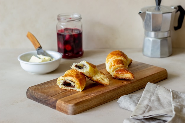 French croissants with chocolate filling. Baking. National cuisine. Breakfast. Vegetarian food.