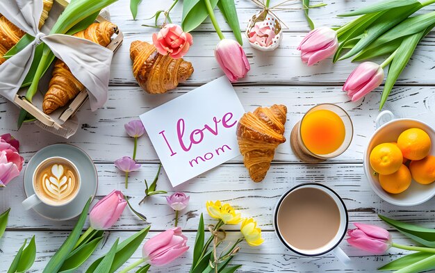 French croissants with tulips and gift boxes on white wooden background