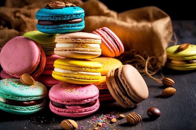 French dessert candy cookies macaron in assortment on table