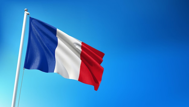 French Flag Flying on Blue Sky Background 3D Render