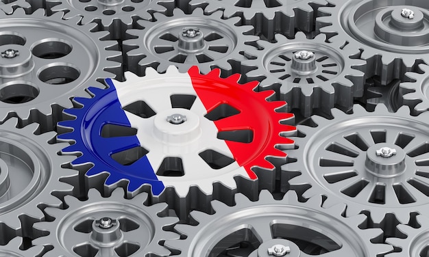 French flag on the gearwheel business industrial concept 3D rendering