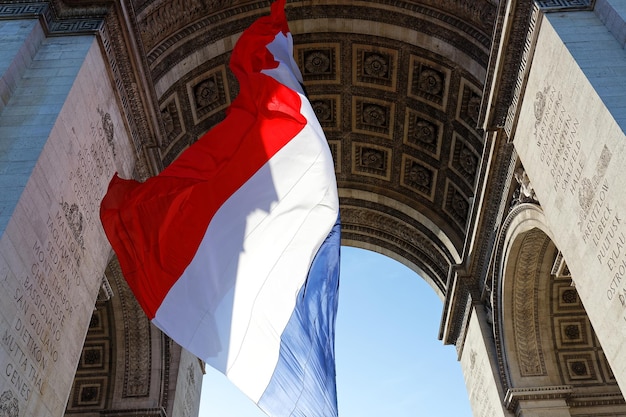 The French flag under the Triumphal arch The tomb of the unknown soldier Paris France