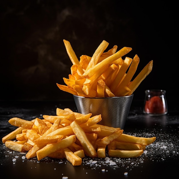 French Fries on Black Table in Dim Light