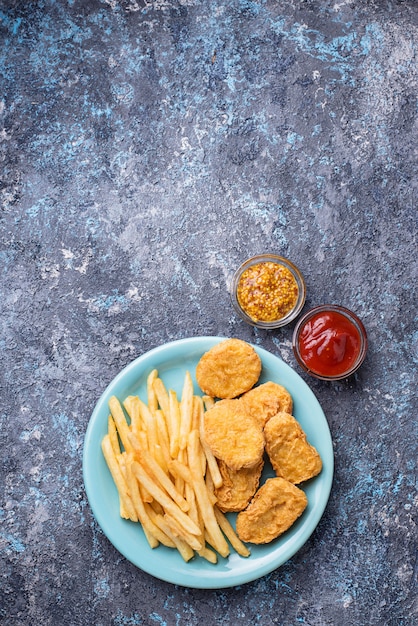 French fries and chicken nuggets 