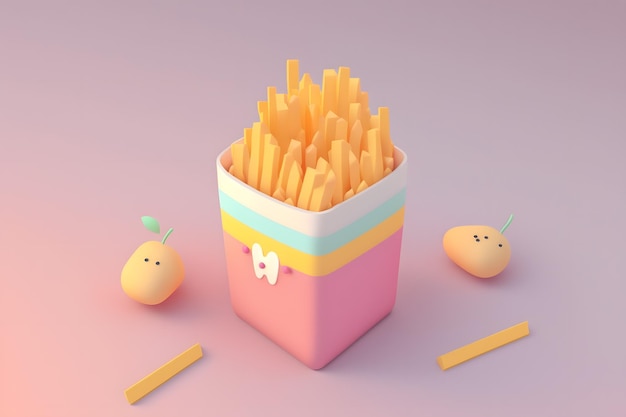 A french fries container with a pink and yellow box with a blue and white striped cover.