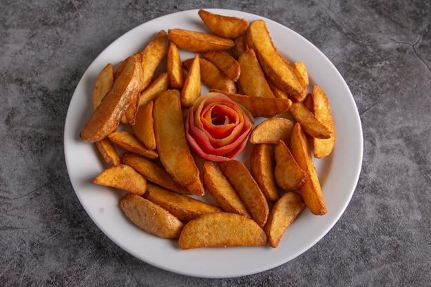 French fries de luxe on a rustic background