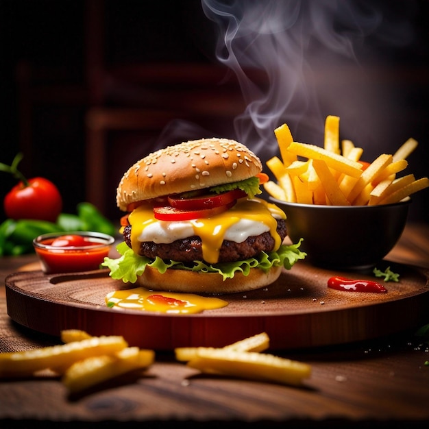 A french fries and delicious veg burger combo in plate on big thick wooden part smoky background