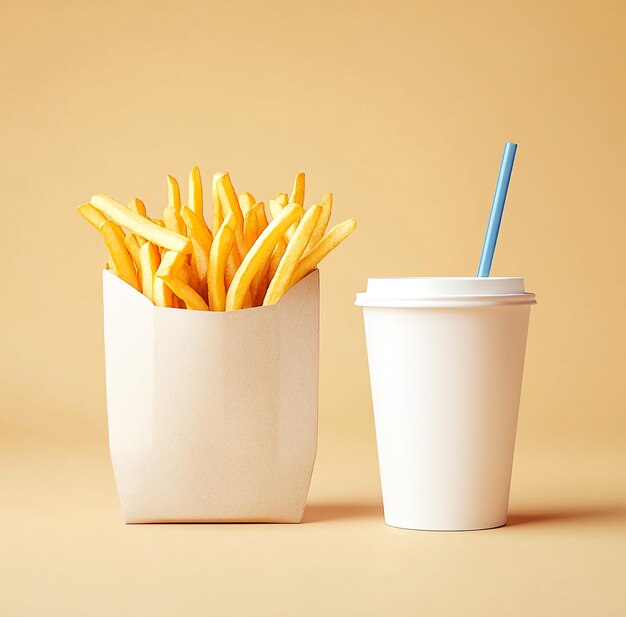 Photo french fries and drink in brown paper packaging on beige background