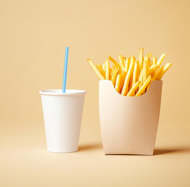 Photo french fries and drink in brown paper packaging on beige background