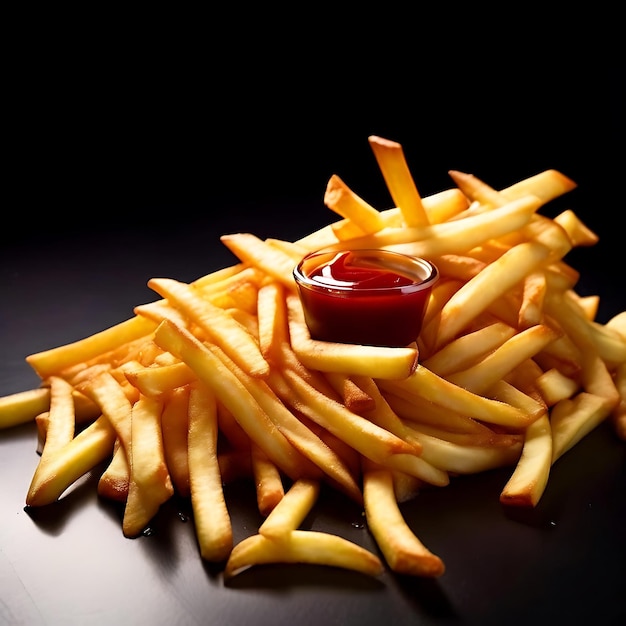 French Fries Forming a Wave Pattern with a Small Dip of Ketchup on One Side