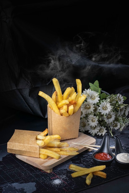 French fries fried yellow on a black background with smoke