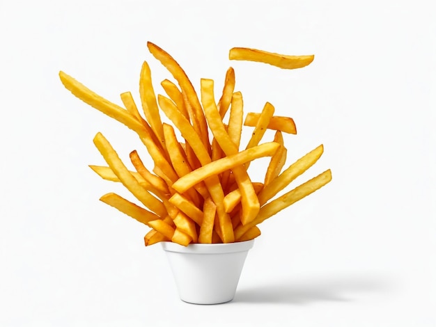 french fries levitate on a white background