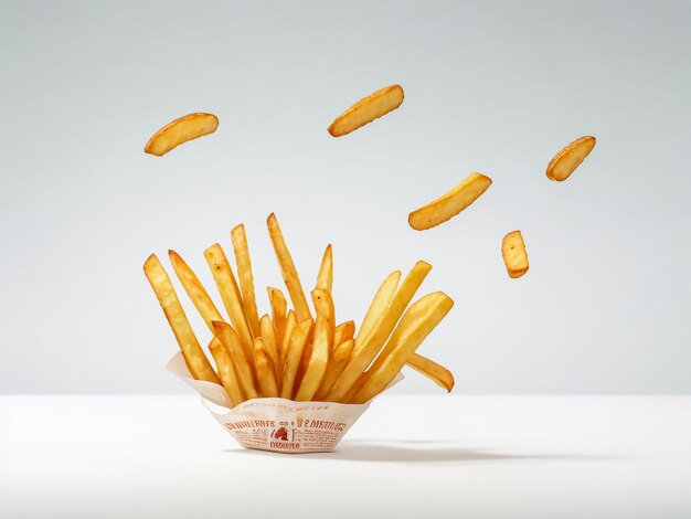 french fries levitate on a white background