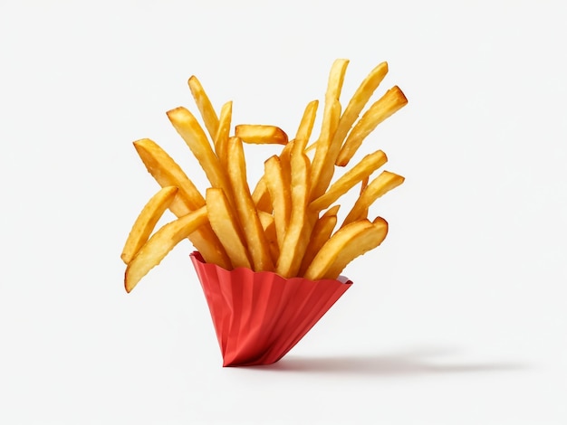 french fries levitate on a white background