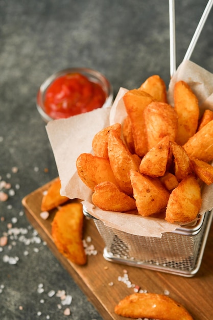 French fries in metal wire basket with salt and ketchup on old wooden dark background clous up Fried potatoes Fast food and unhealthy food concept