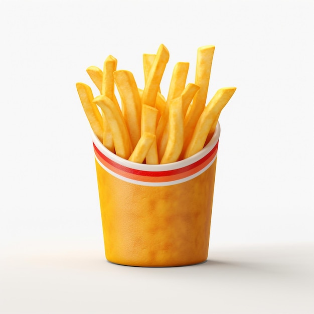 French fries in a paper cup on a white background