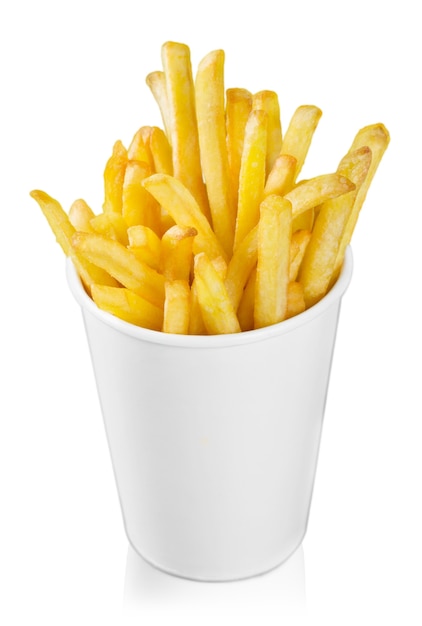 french fries in a paper wrapper on white background