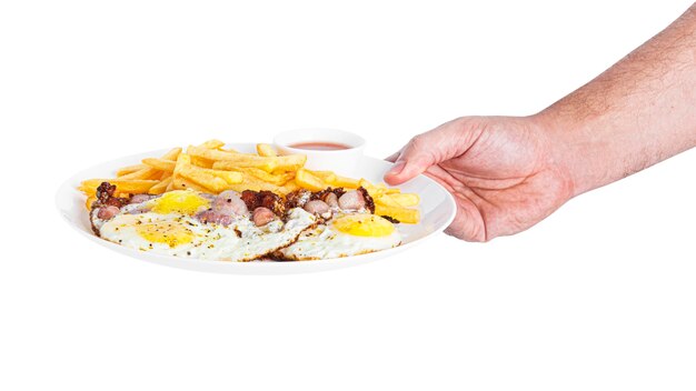 French fries potatoes with fried eggs isolated on a white background. Fried potaoes isolated. High quality photo