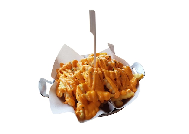 French fries topped with cheese served in a bowl isolated on a white background