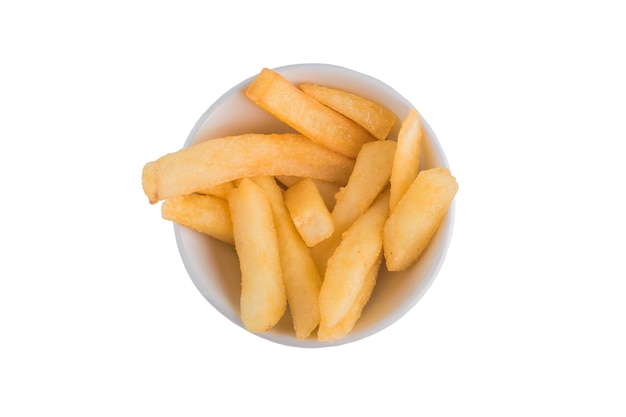 French fries in a white bowl as an addition to the dish Isolated Top view