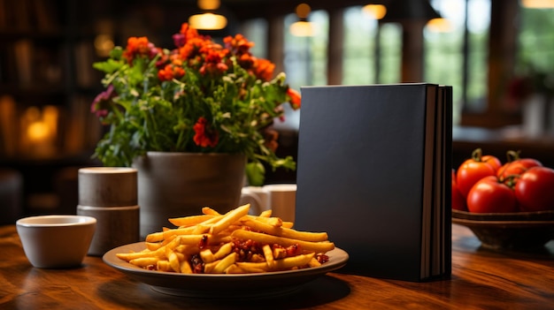 French fries with a book on a wooden table in a cafe