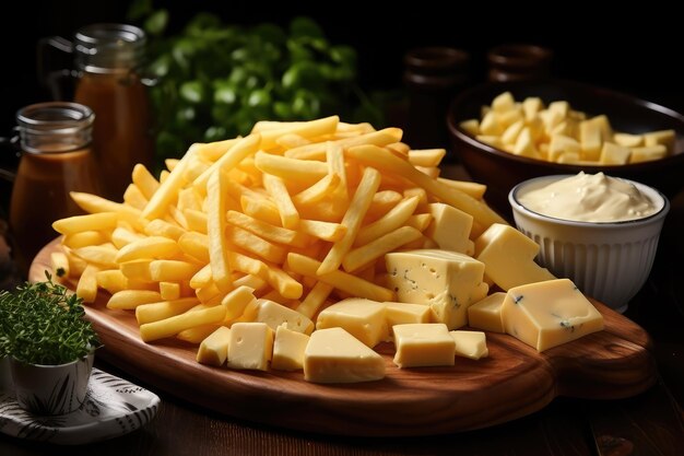 french fries with cheese serve in the kitchen table professional advertising food photography