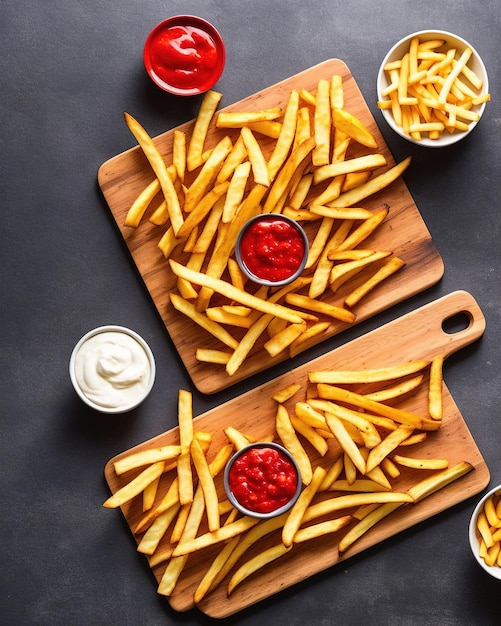 french fries with ketchup and sauce on a wooden background. top view.