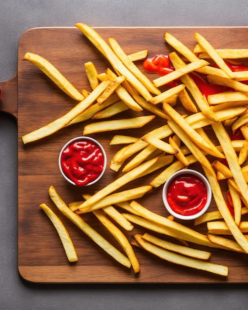 french fries with ketchup and sauce on a wooden background. top view.