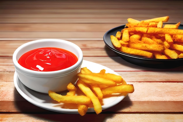 French fries with ketchup on a wooden table Selective focus