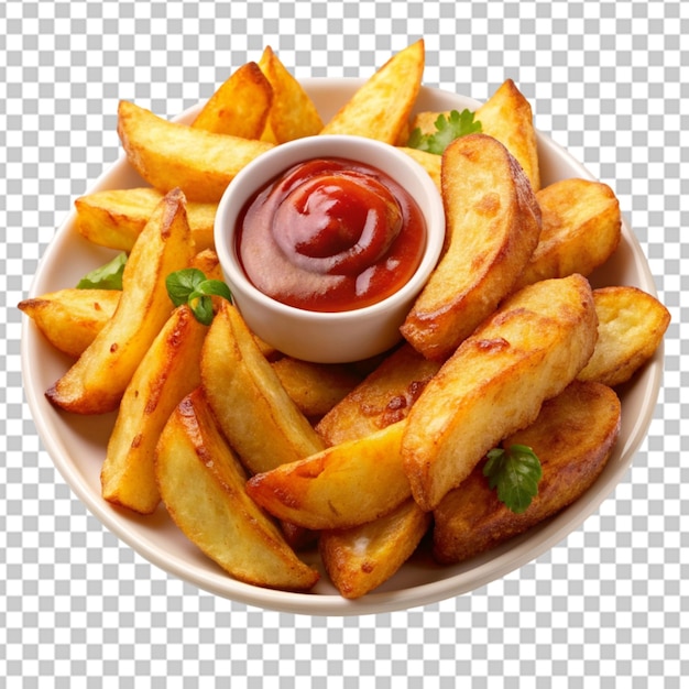 French fries with sauce on a round wood board on a transparent background