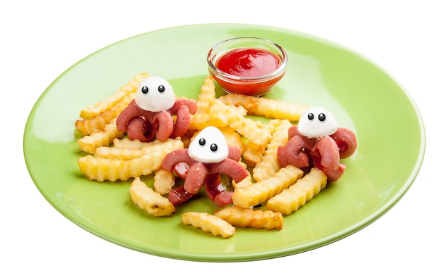 French fries with sausage funny octopuses Meals for children