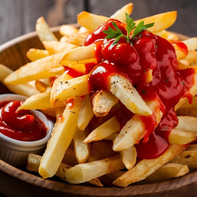 French fries with tomato or ketchup sauce