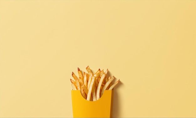 Photo french fries in a yellow paper container on a yellow background