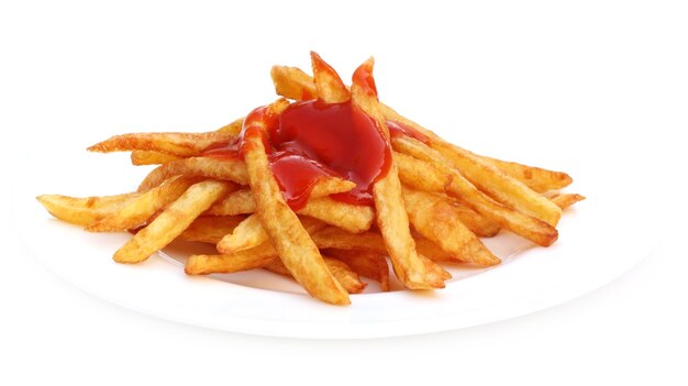 French fry with tomato sauce over white background