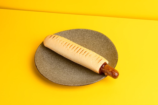 French hot dog yellow background side view