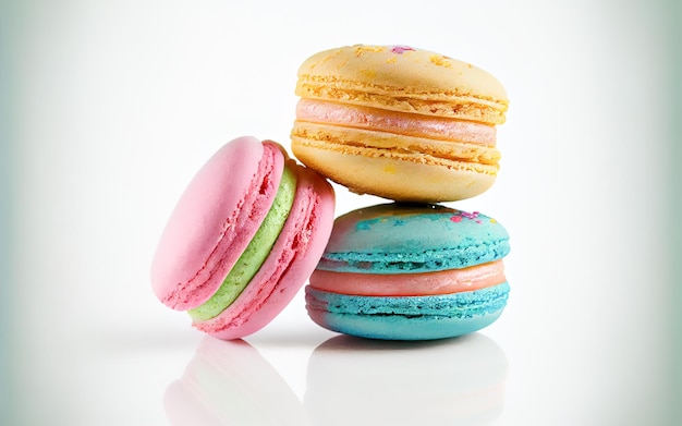 French macaron cookies closeup on a white background 3d illustration Generative AI